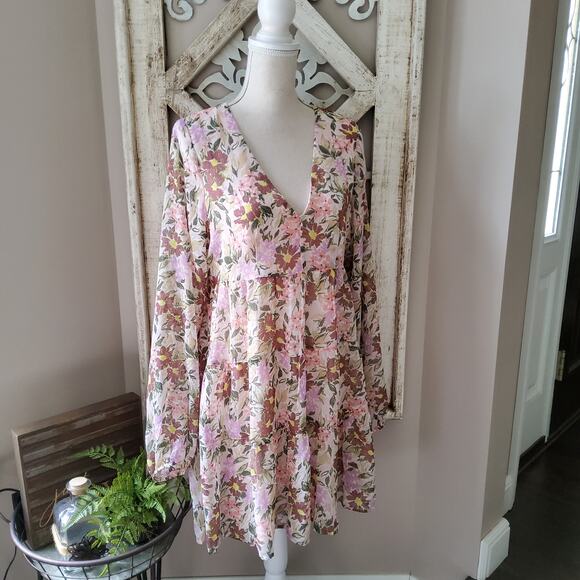 Fourteenth Place Women's Maja Long Sleeve Swing A-Line Dress Ruffle Blush Floral - Picture 1 of 16
